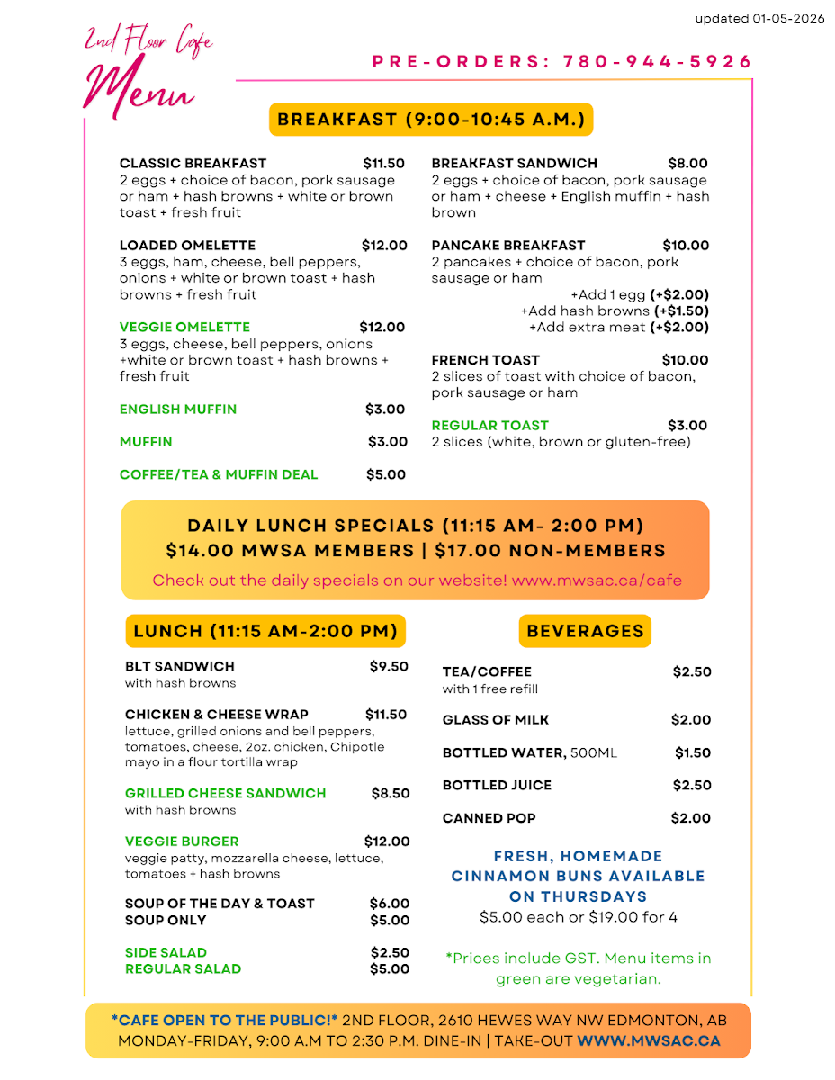 Menu, 2nd Floor Cafe