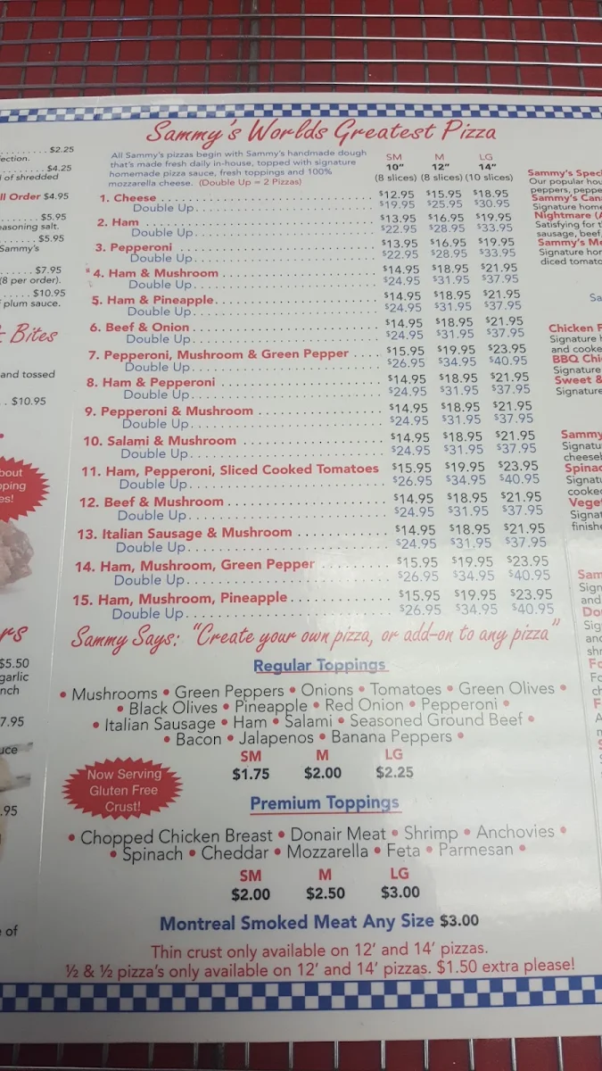 Menu, Sammy's Worlds Greatest Pizza - Braeside Location