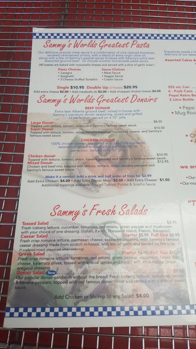 Menu, Sammy's Worlds Greatest Pizza - Braeside Location