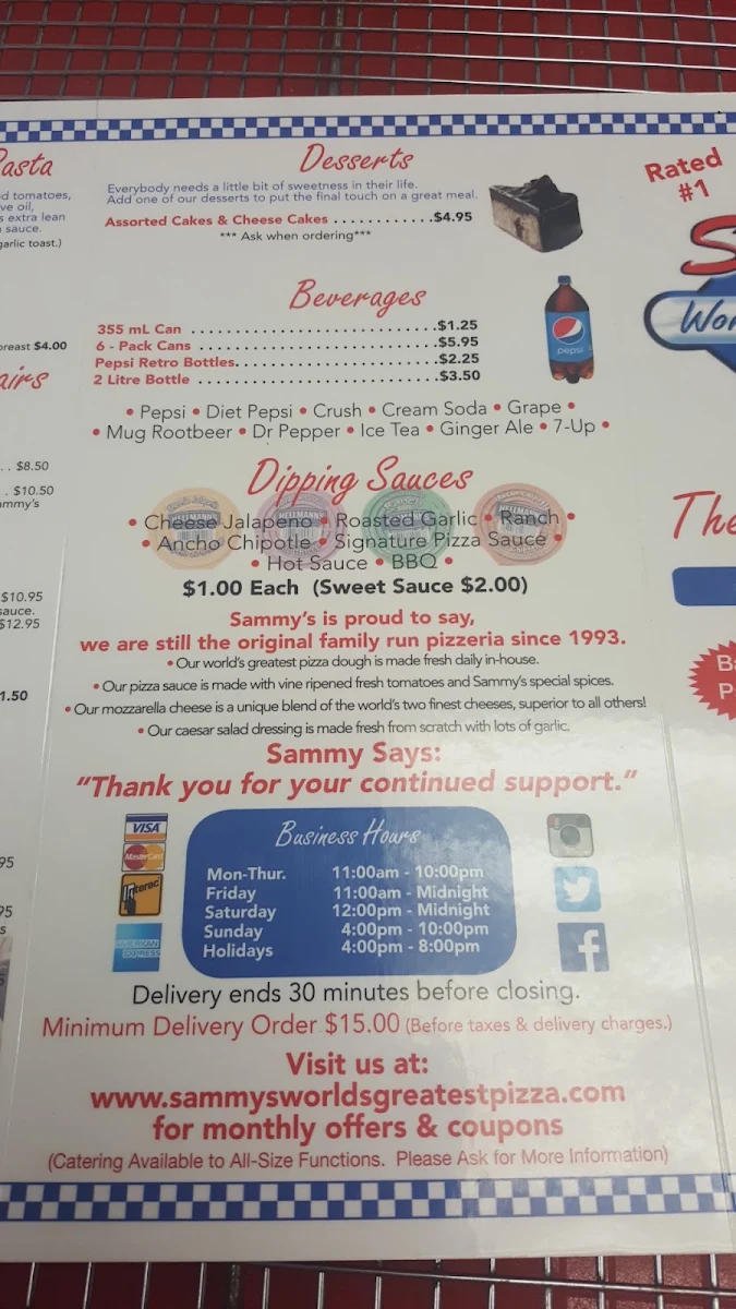 Menu, Sammy's Worlds Greatest Pizza - Braeside Location