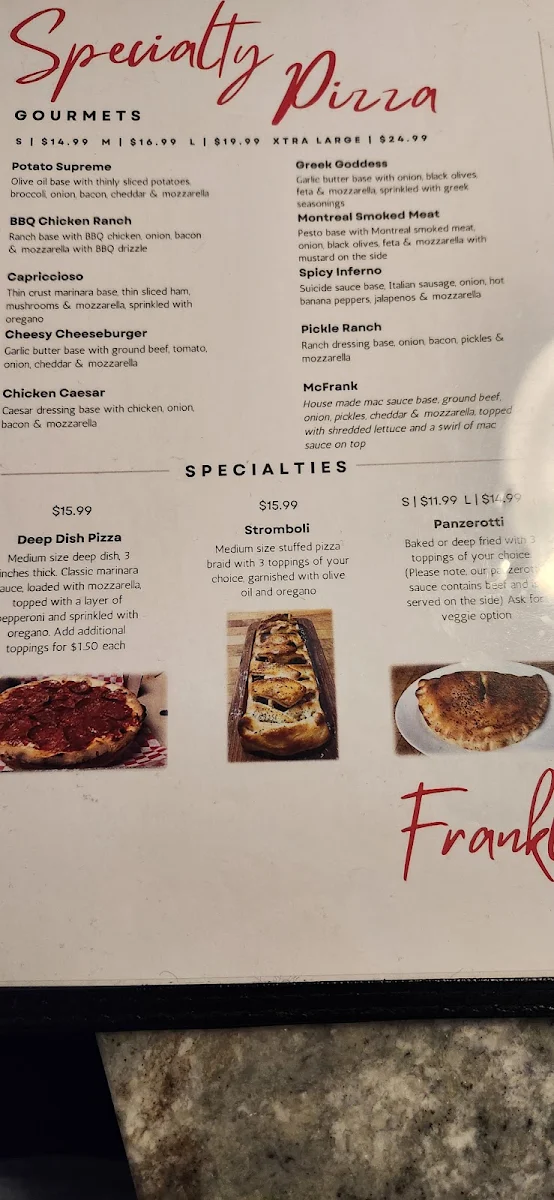 Menu, Franklin Pizzeria & Restaurant