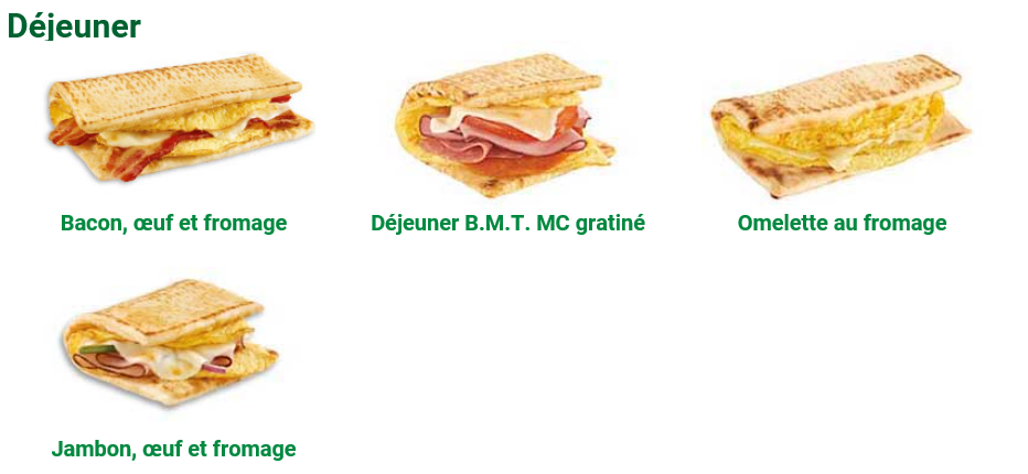 Menu, Subway