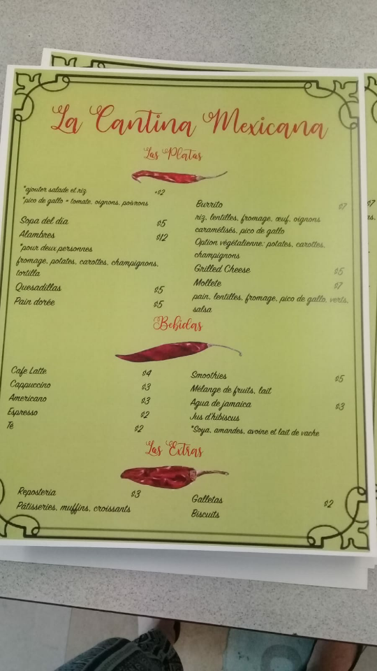 Menu, La Cantina Mexicana