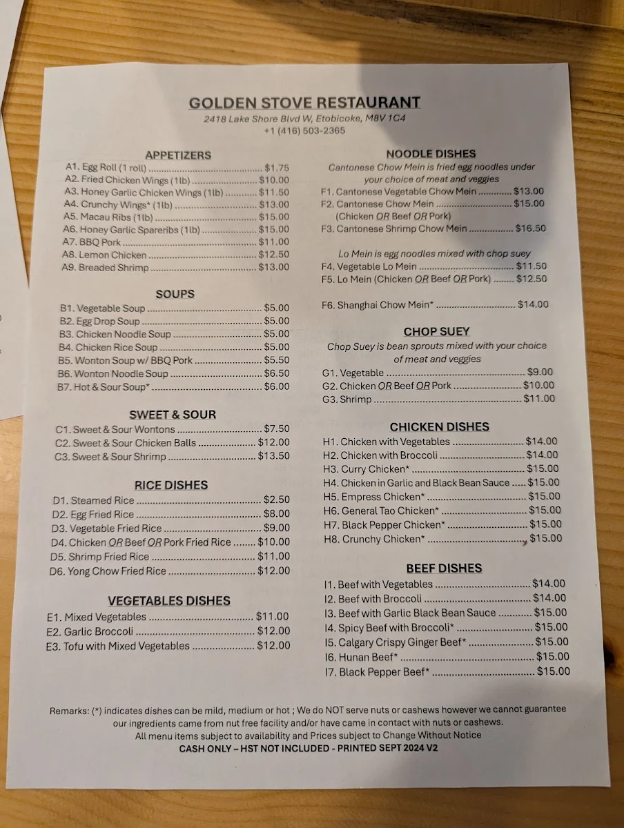 Menu, Golden Stove