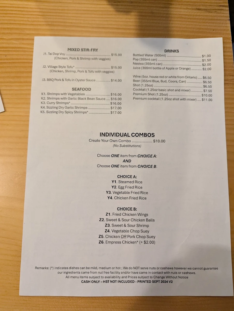 Menu, Golden Stove