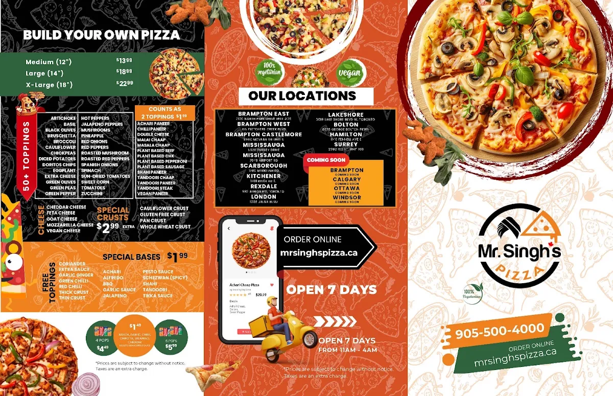 Menu, Mr. Singh's Pizza Bramalea