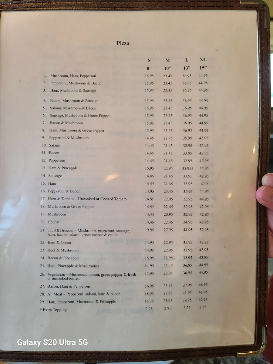 Menu, Triple A Pizza