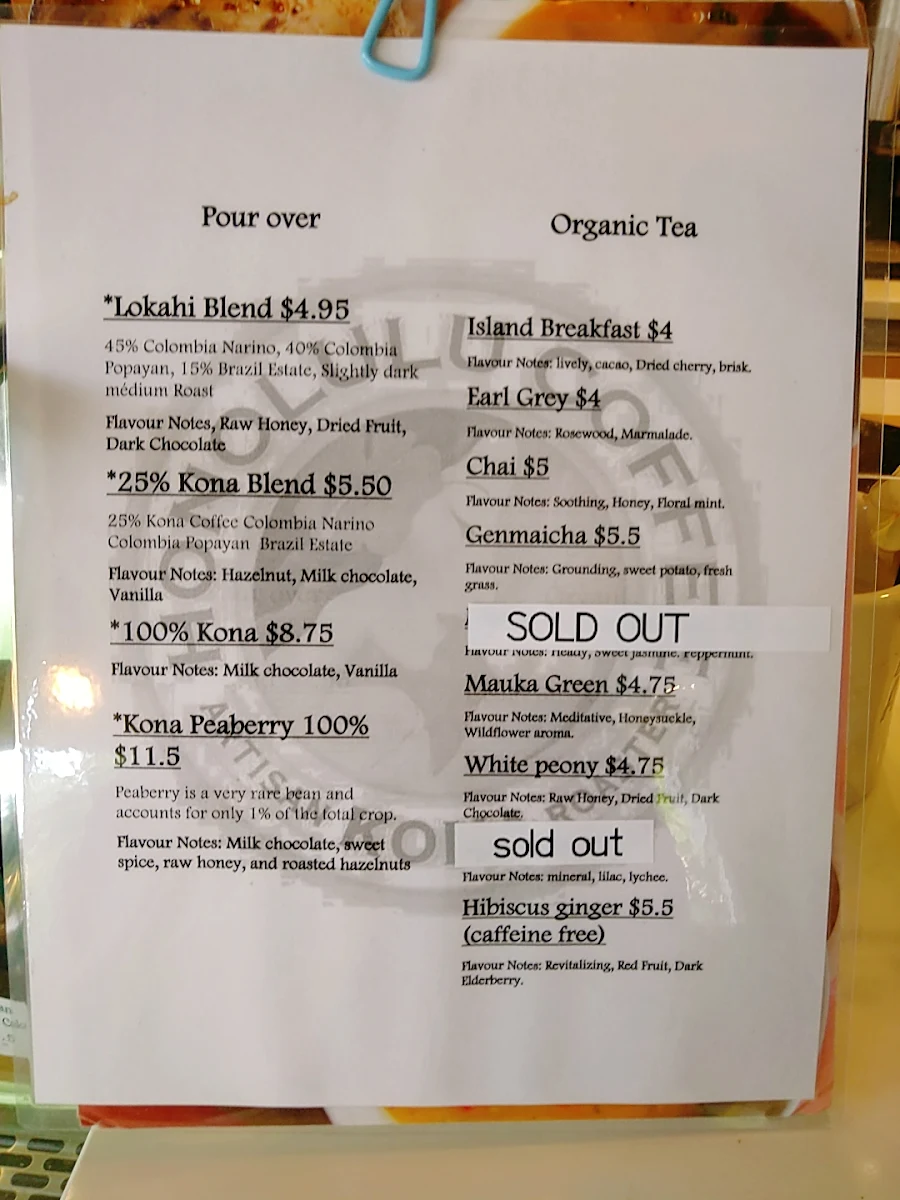 Menu, Honolulu Coffee Kerrisdale