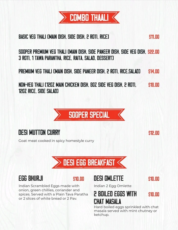 Menu, Sooper Tiffin (Homestyle Tiffin service/Catering Indian food)