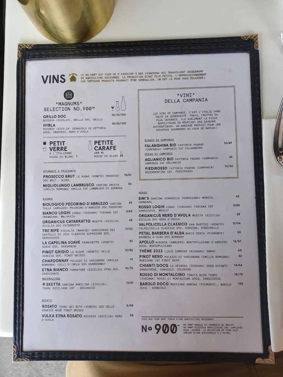Menu, Pizzéria NO.900 - Jean-Talon
