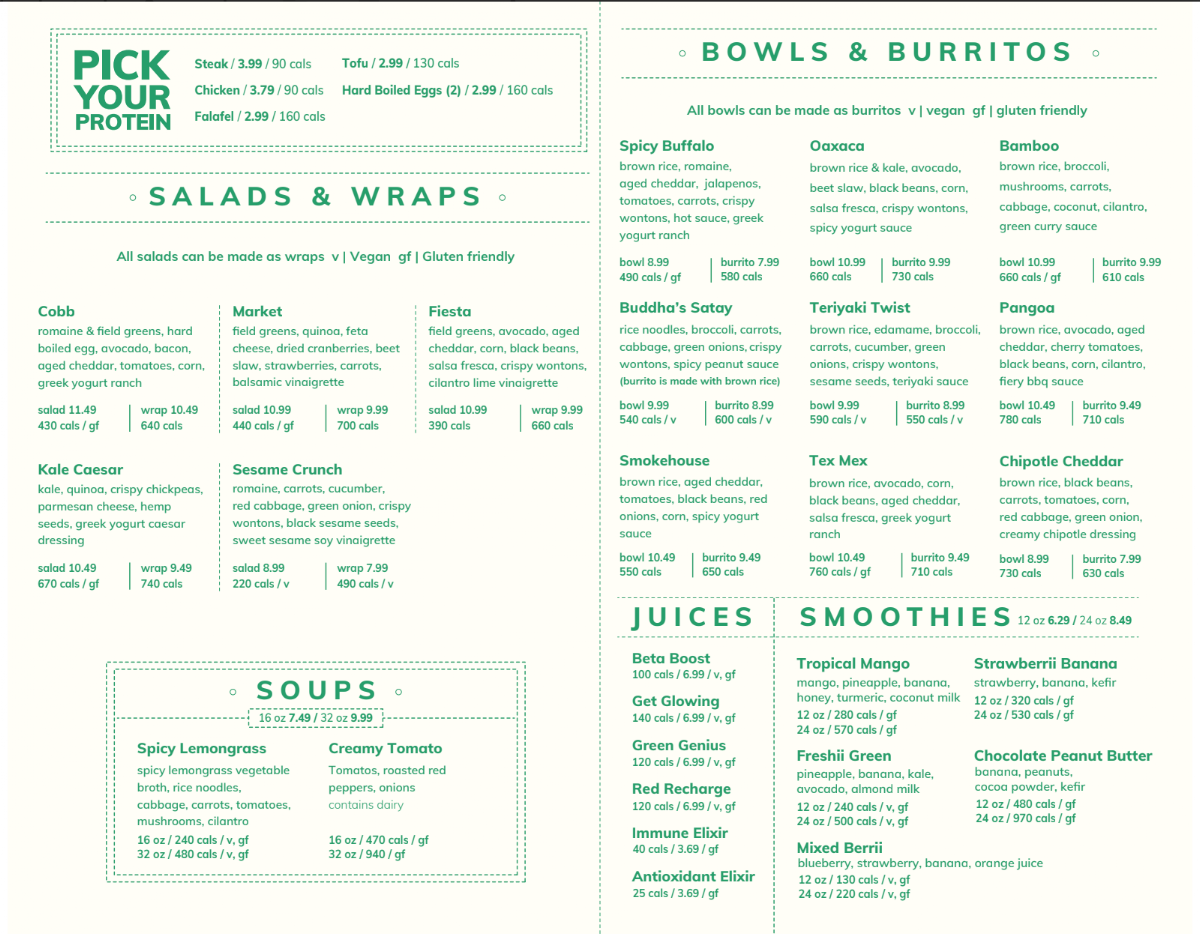 Menu, Freshii