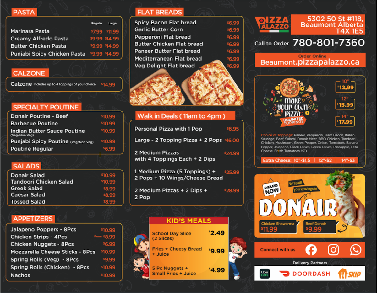 Menu, Pizza Palazzo Beaumont