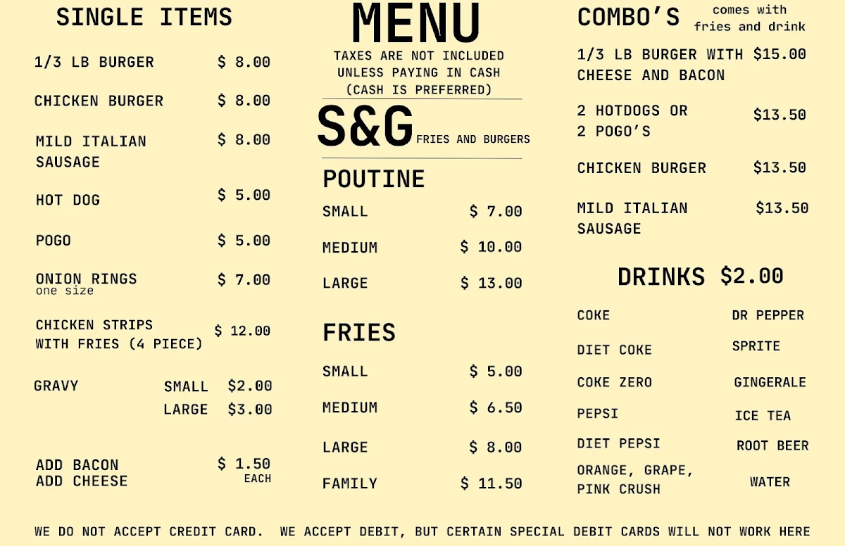 Menu, S&G Fries and Burgers
