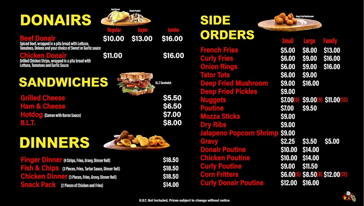 Menu, Burger Baron