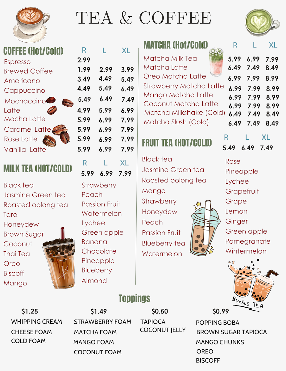 Menu, Fresh Cup Bubble Tea & Cafe
