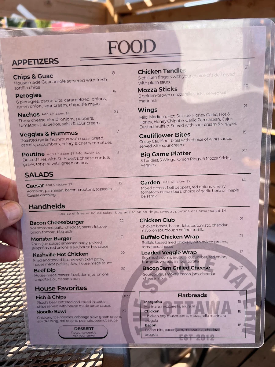 Menu, The Senate Tavern on Wellington