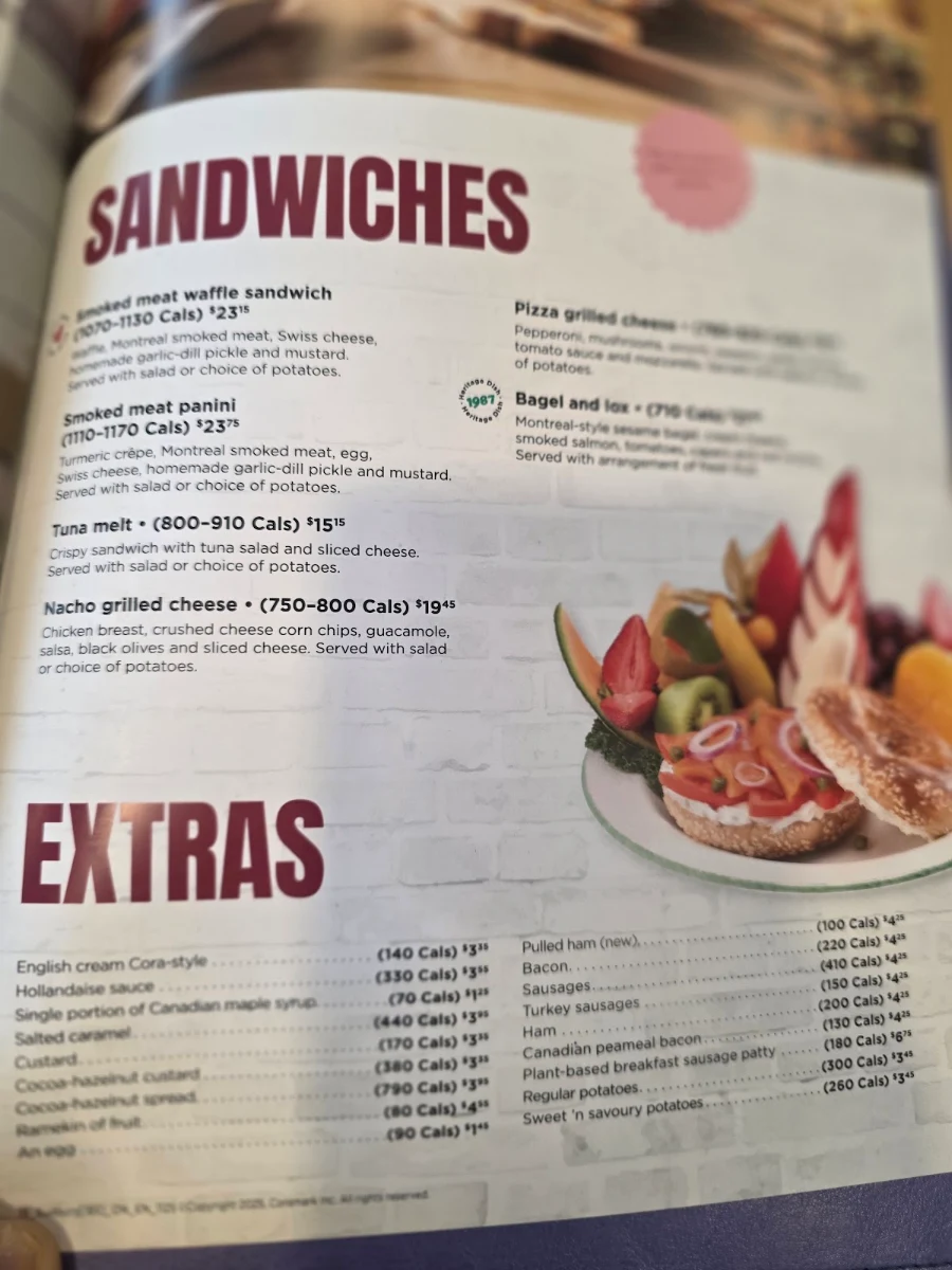 Menu, Cora Breakfast and Lunch