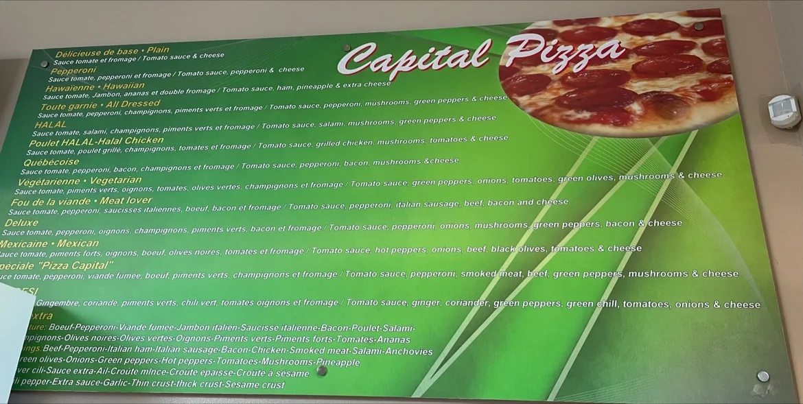 Menu, Pizza Capital