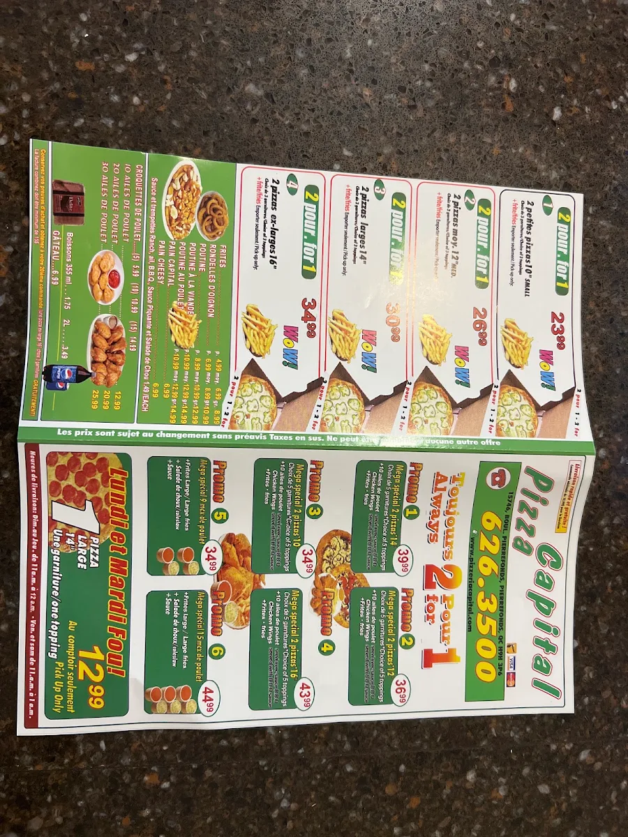 Menu, Pizza Capital
