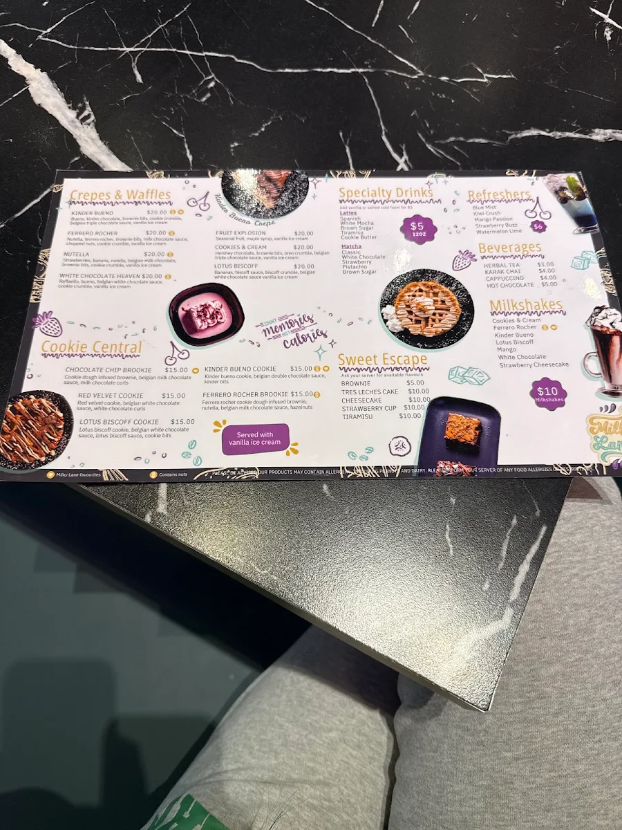 Menu, Milky Lane Cafe
