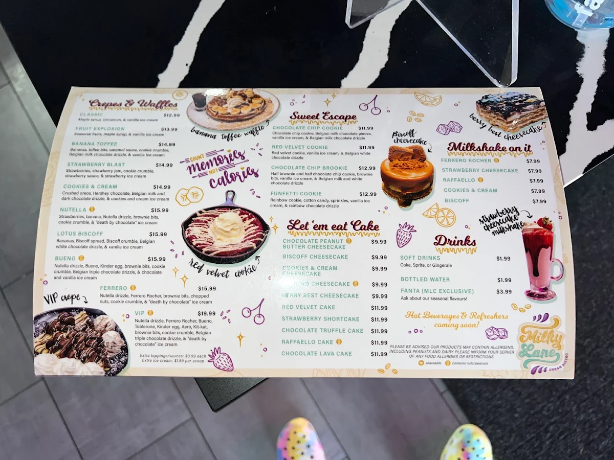 Menu, Milky Lane Cafe
