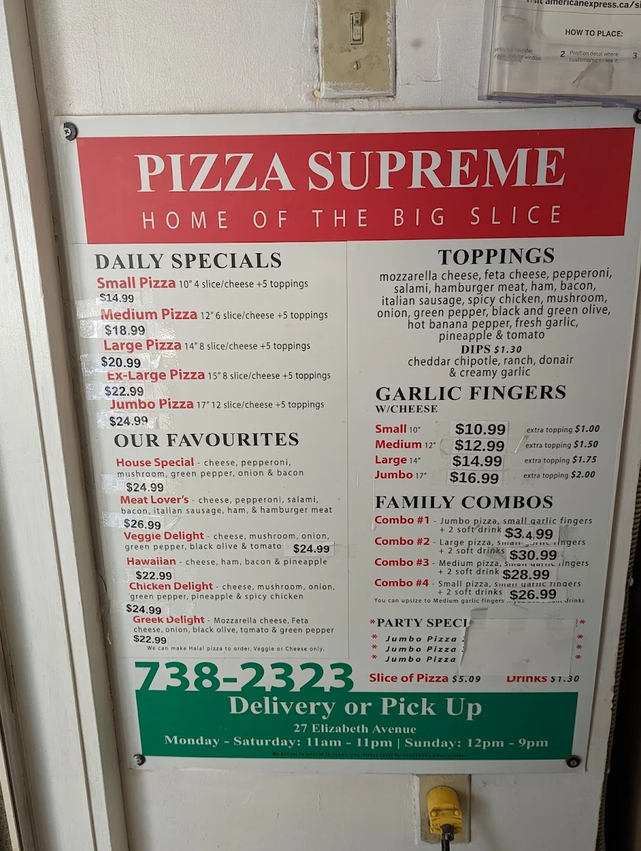 Menu, Pizza Supreme