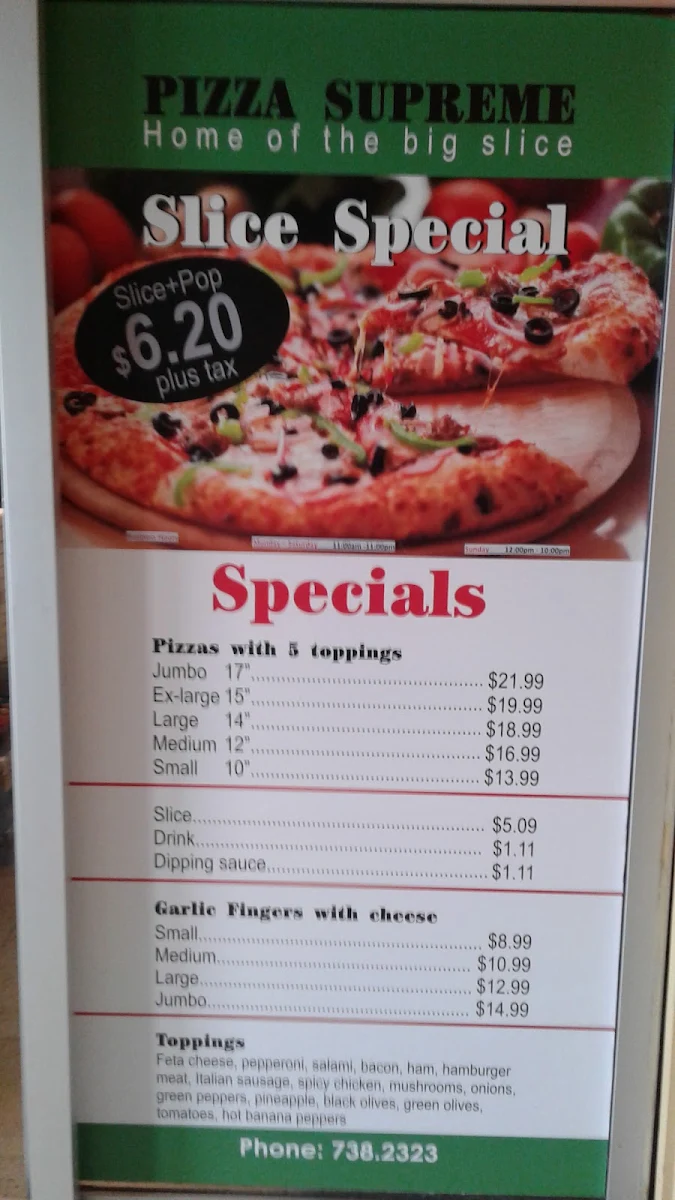 Menu, Pizza Supreme