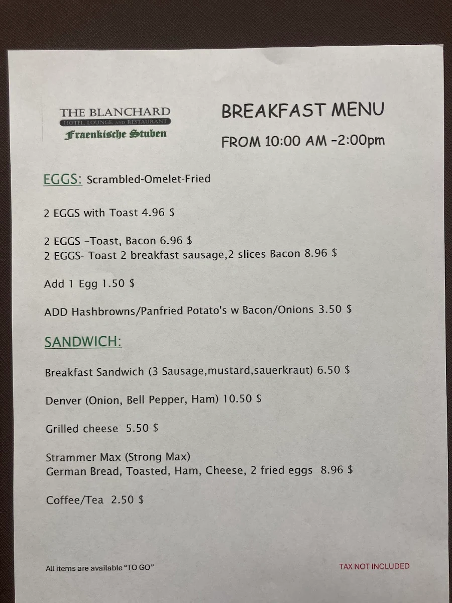 Menu, The BLANCHARD Hotel, Lounge and Restaurant Fraenkische Stuben