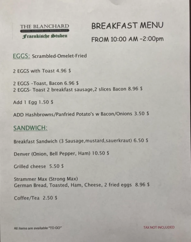 Menu, The BLANCHARD Hotel, Lounge and Restaurant Fraenkische Stuben