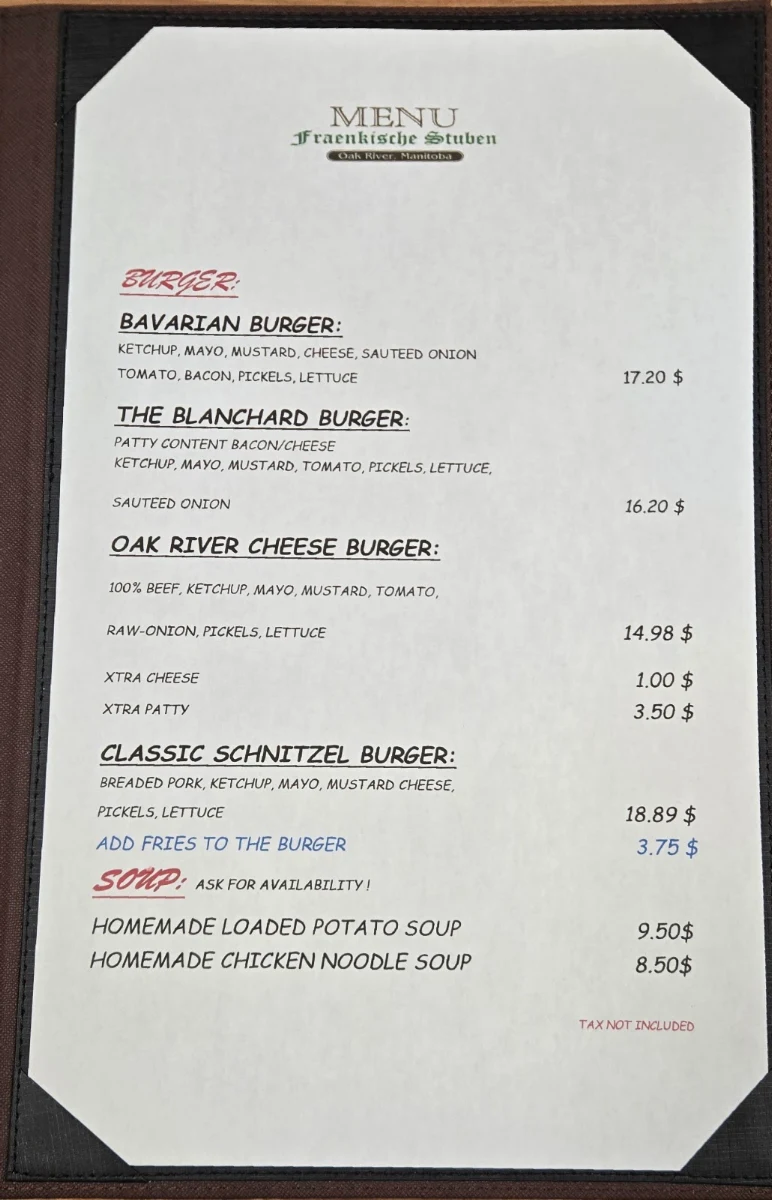 Menu, The BLANCHARD Hotel, Lounge and Restaurant Fraenkische Stuben