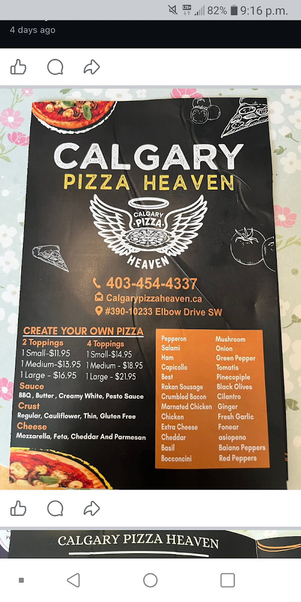 Menu, Calgary Pizza Heaven - SW