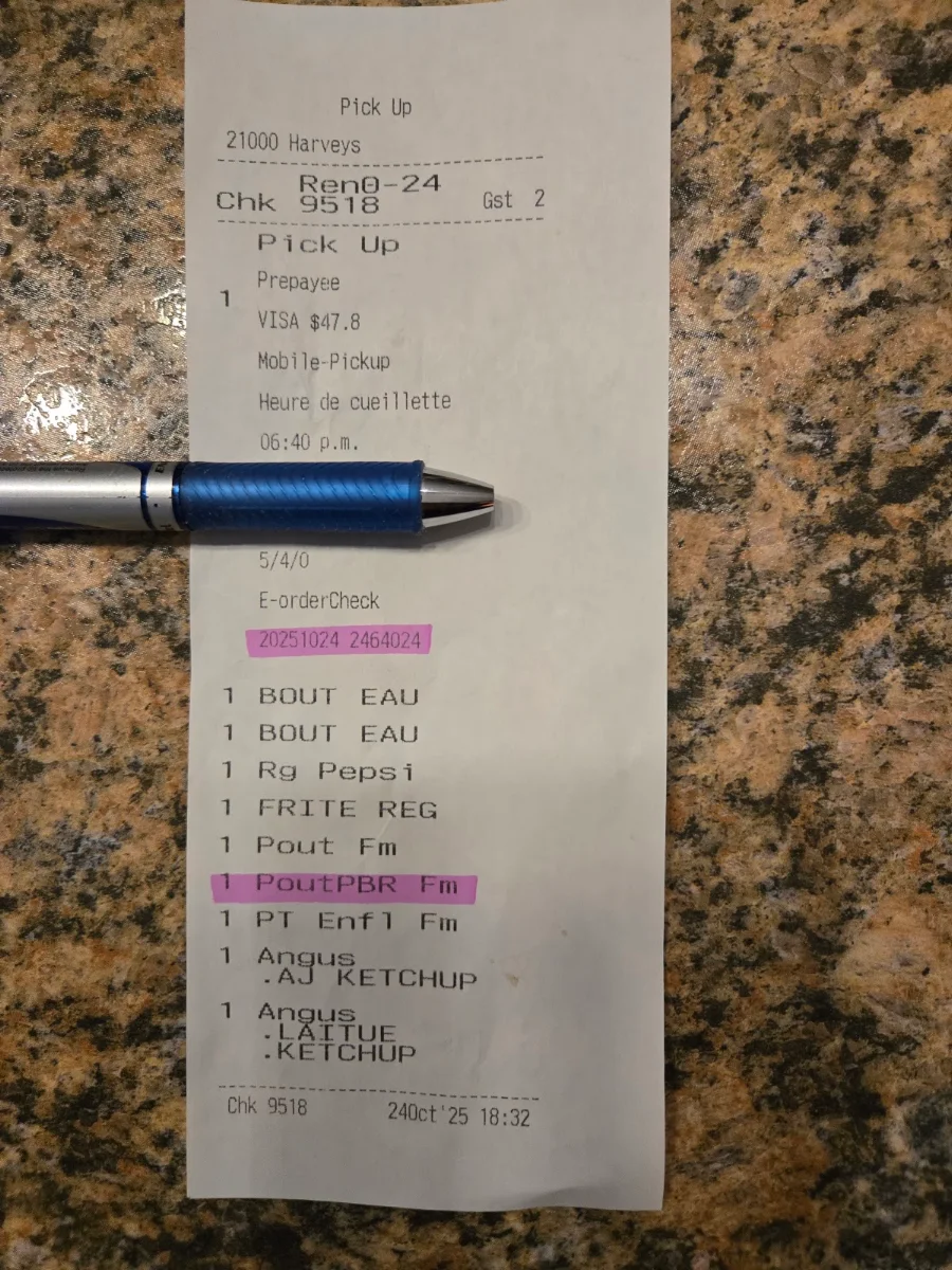 Menu, Harvey's