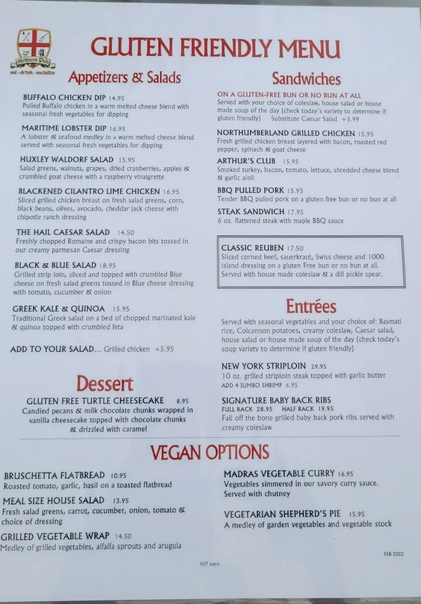 Menu, Arthur's Pub
