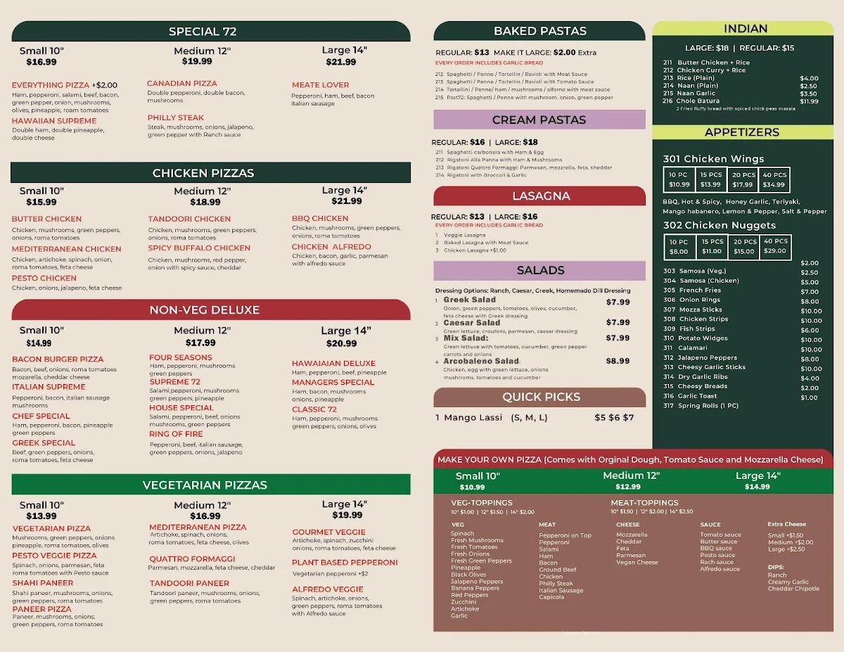 Menu, Pizza 72
