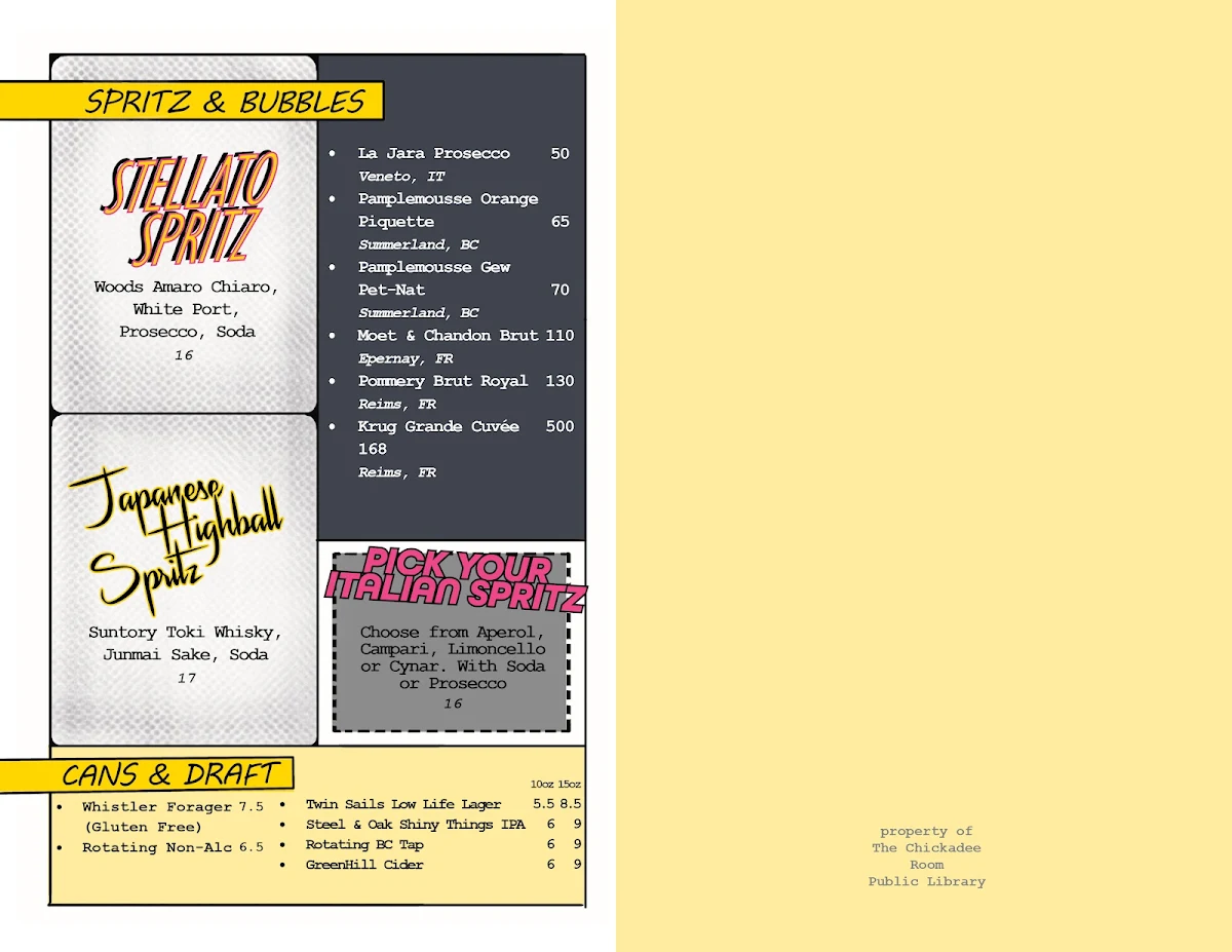 Menu, The Chickadee Room