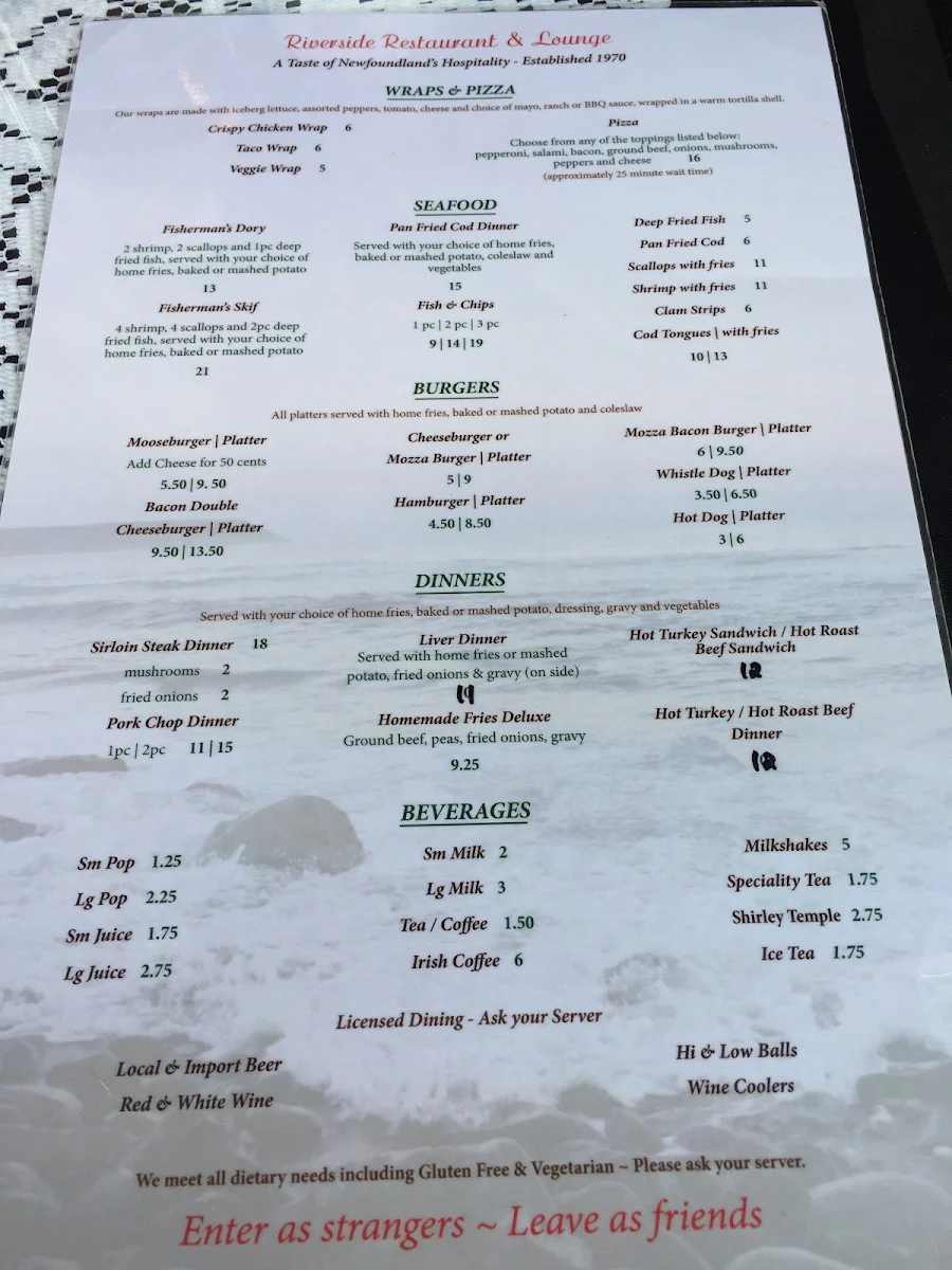 Menu, Riverside Restaurant & Lounge