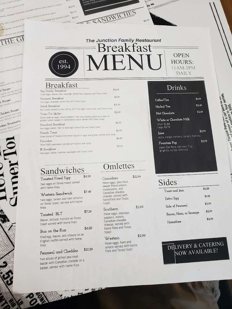 Menu, The Junction Family Restaurant