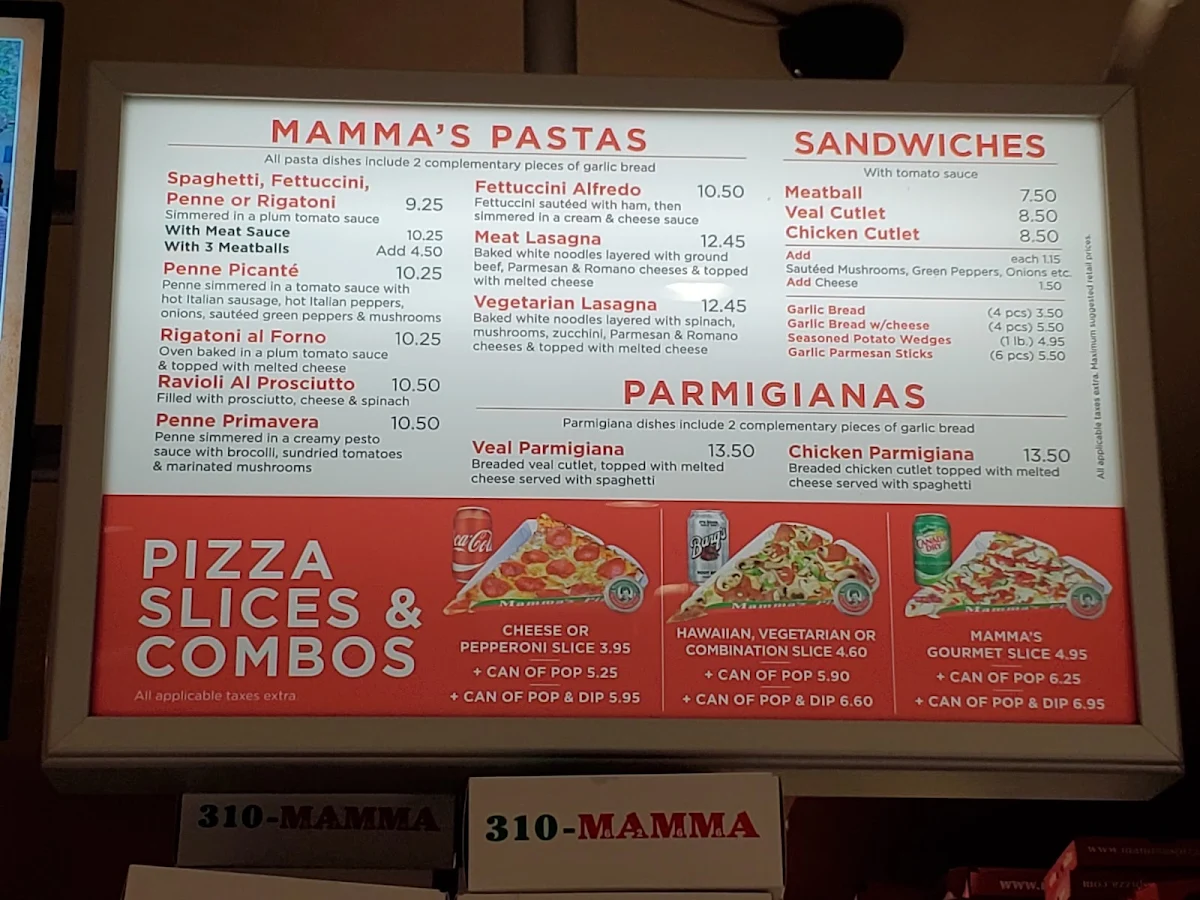 Menu, Mamma's Pizza