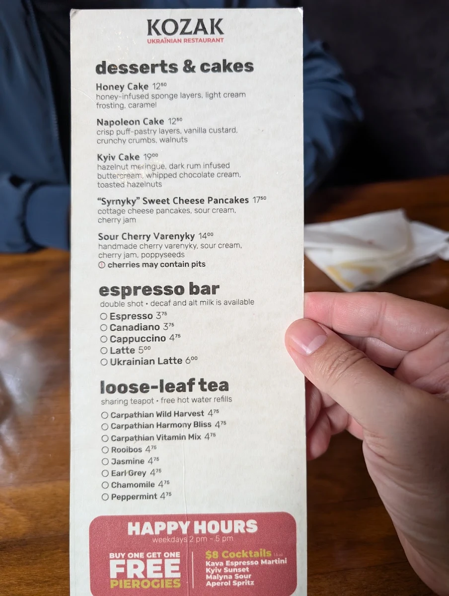 Menu, Kozak Ukrainian Restaurant