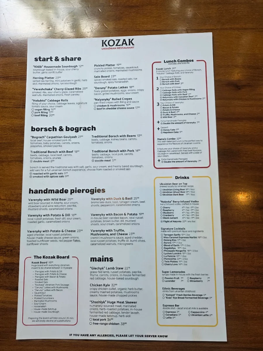 Menu, Kozak Ukrainian Restaurant