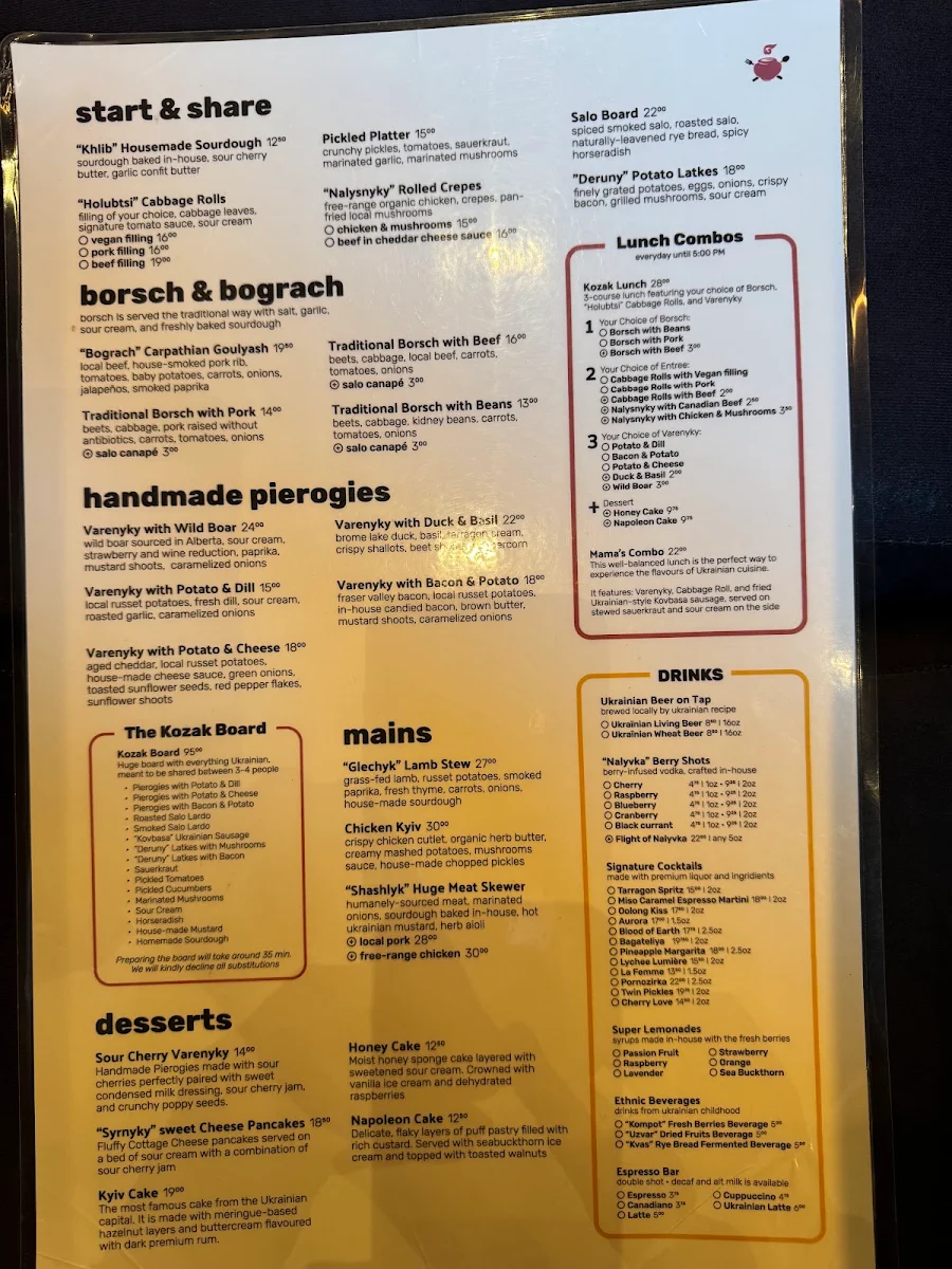 Menu, Kozak Ukrainian Restaurant