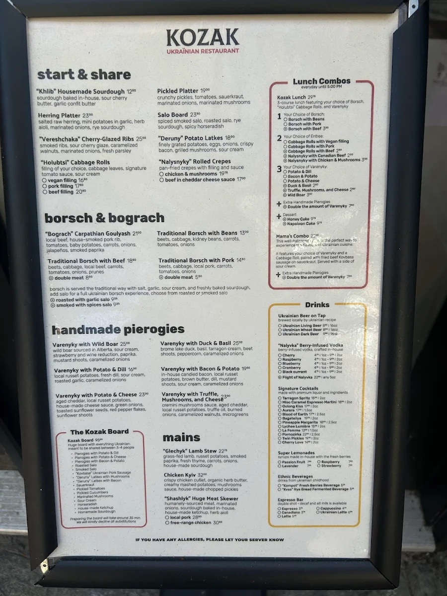 Menu, Kozak Ukrainian Restaurant