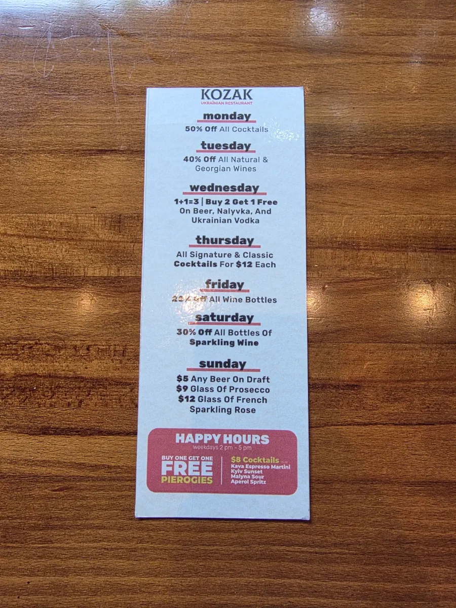 Menu, Kozak Ukrainian Restaurant