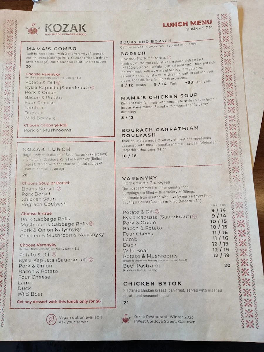 Menu, Kozak Ukrainian Restaurant