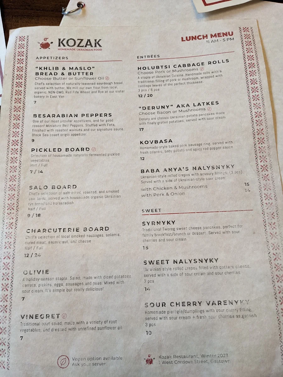 Menu, Kozak Ukrainian Restaurant