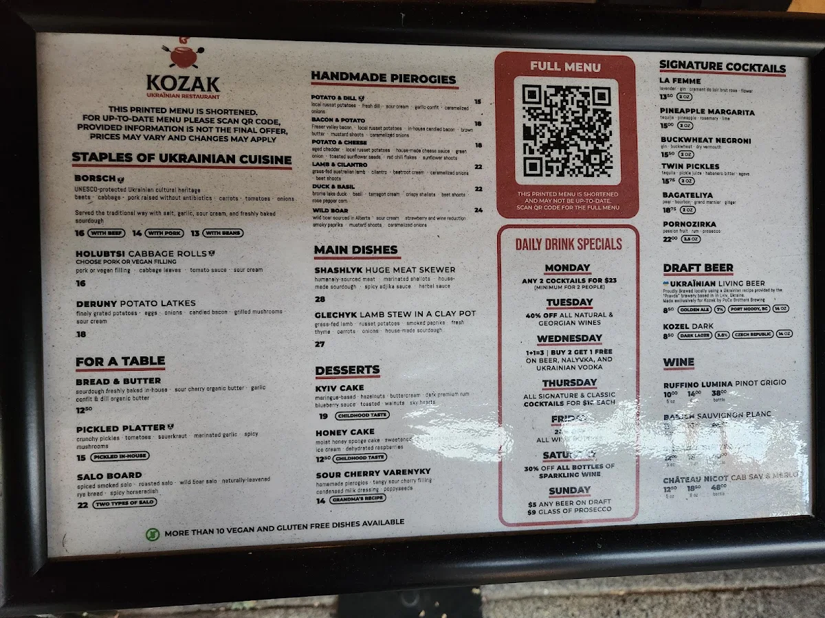 Menu, Kozak Ukrainian Restaurant