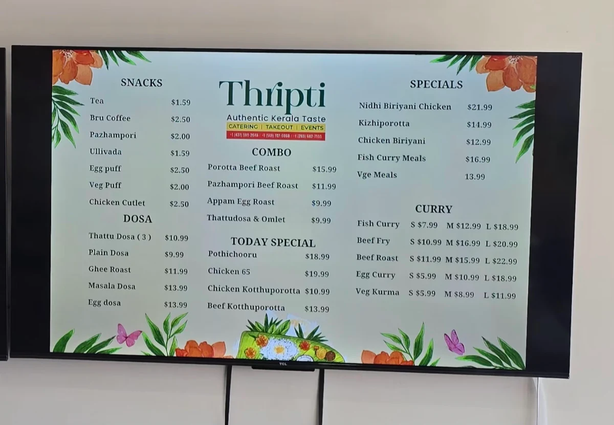 Menu, Thripti South Indian and Kerala Restaurant