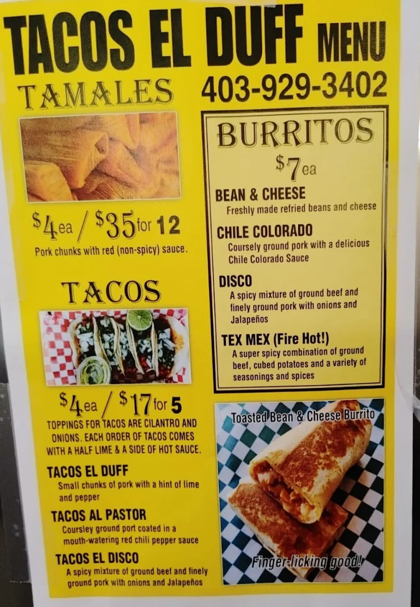 Menu, Taco’s El Duff