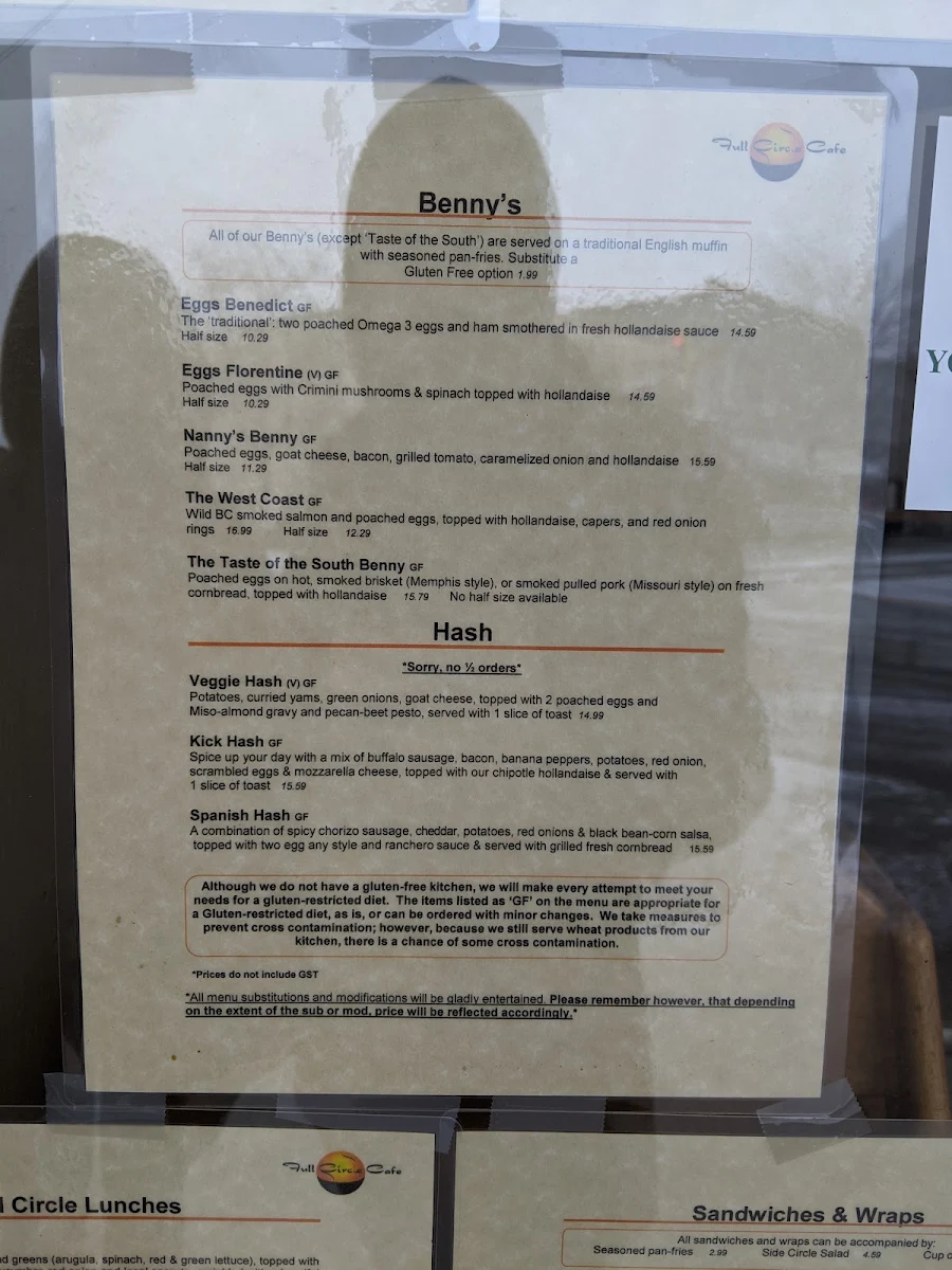 Menu, Full Circle Cafe
