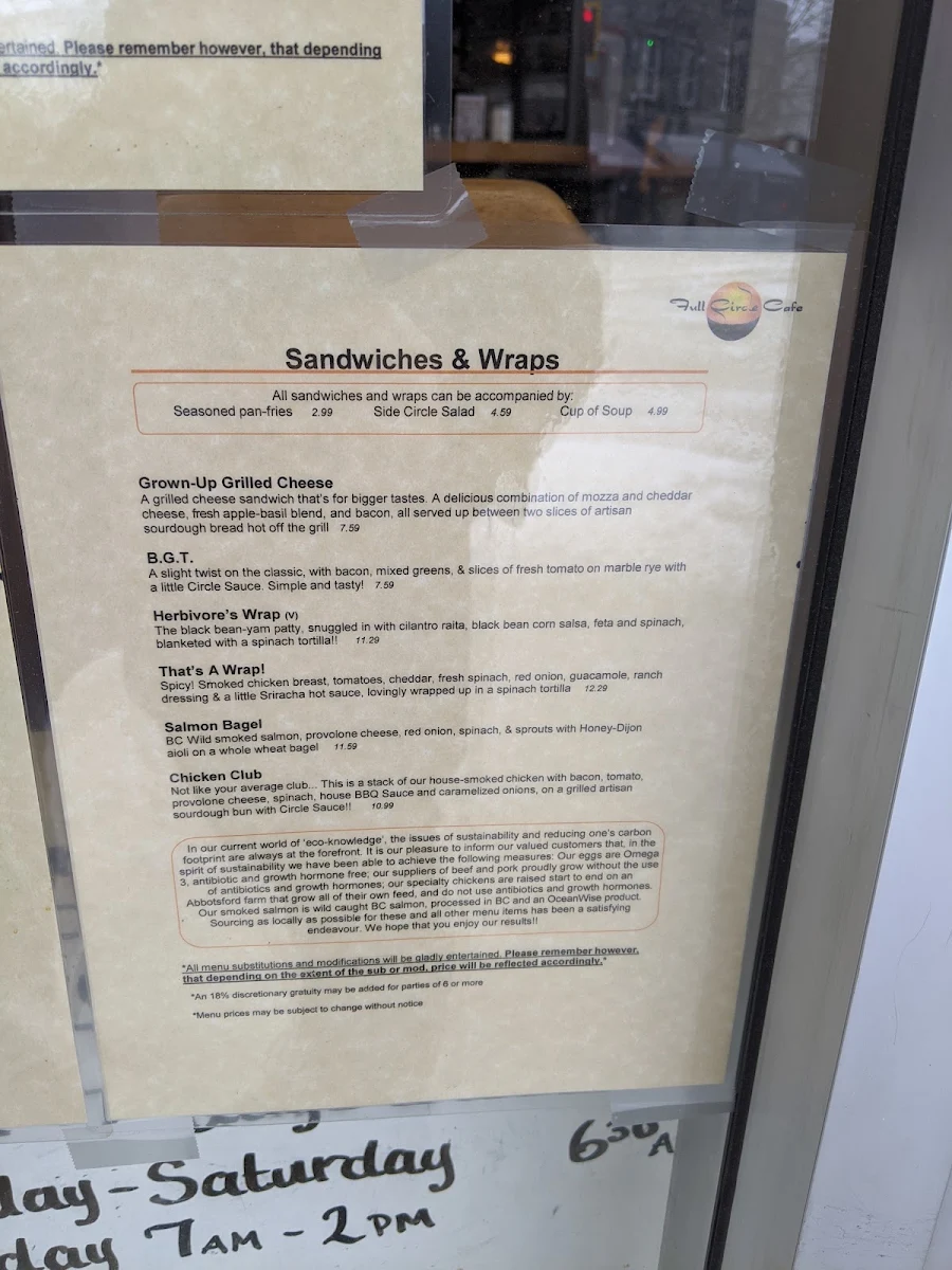 Menu, Full Circle Cafe